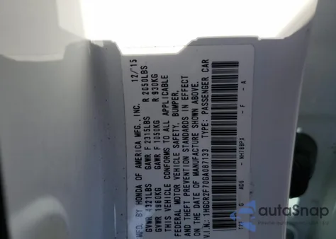 2016 Honda Accord Ex from USA, damaged, VIN 1HGCR2F70GA087133